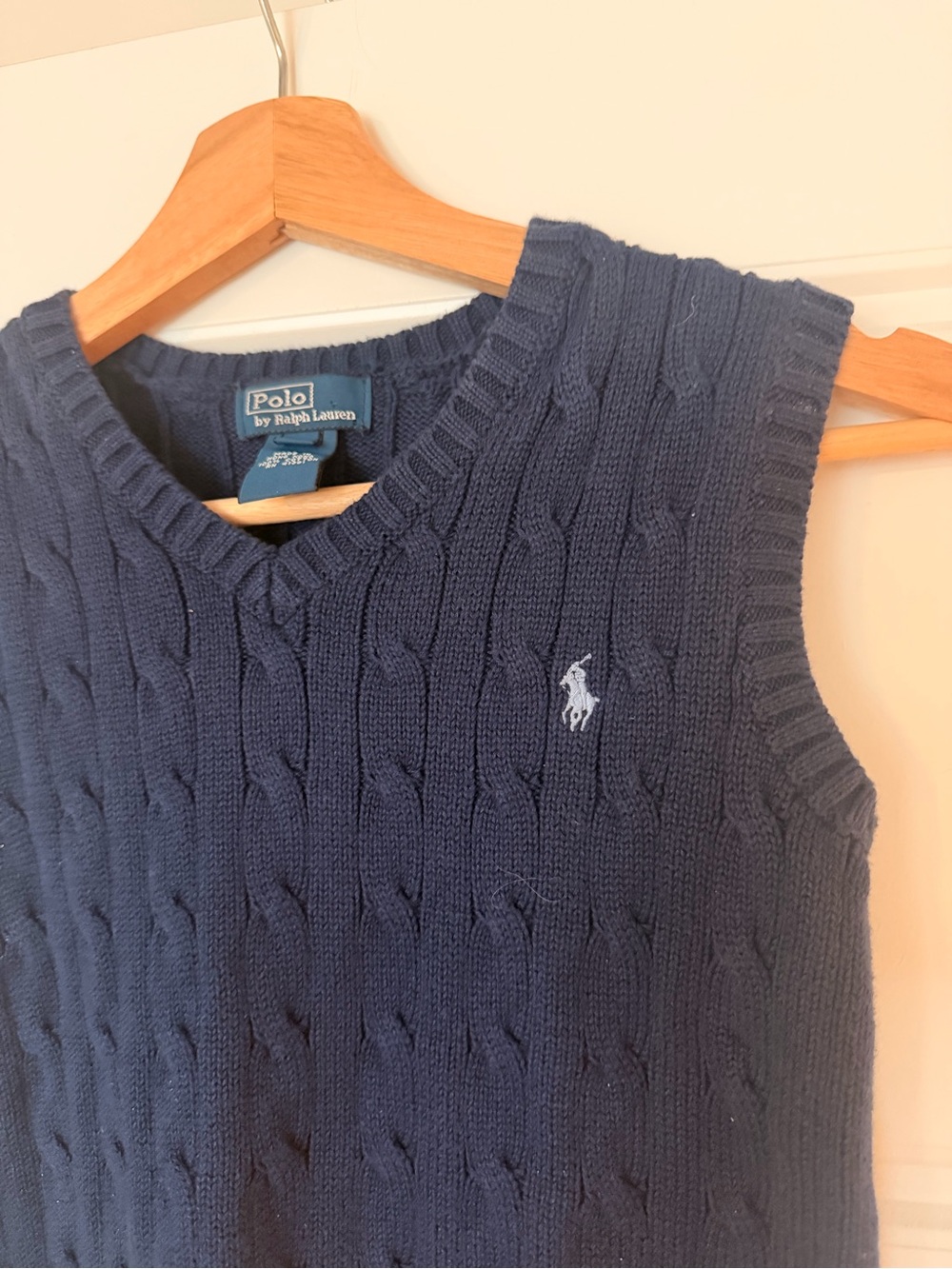 Ralph Lauren Navy Cable-Knit V-Neck Sweater Vest with Light Blue Pony